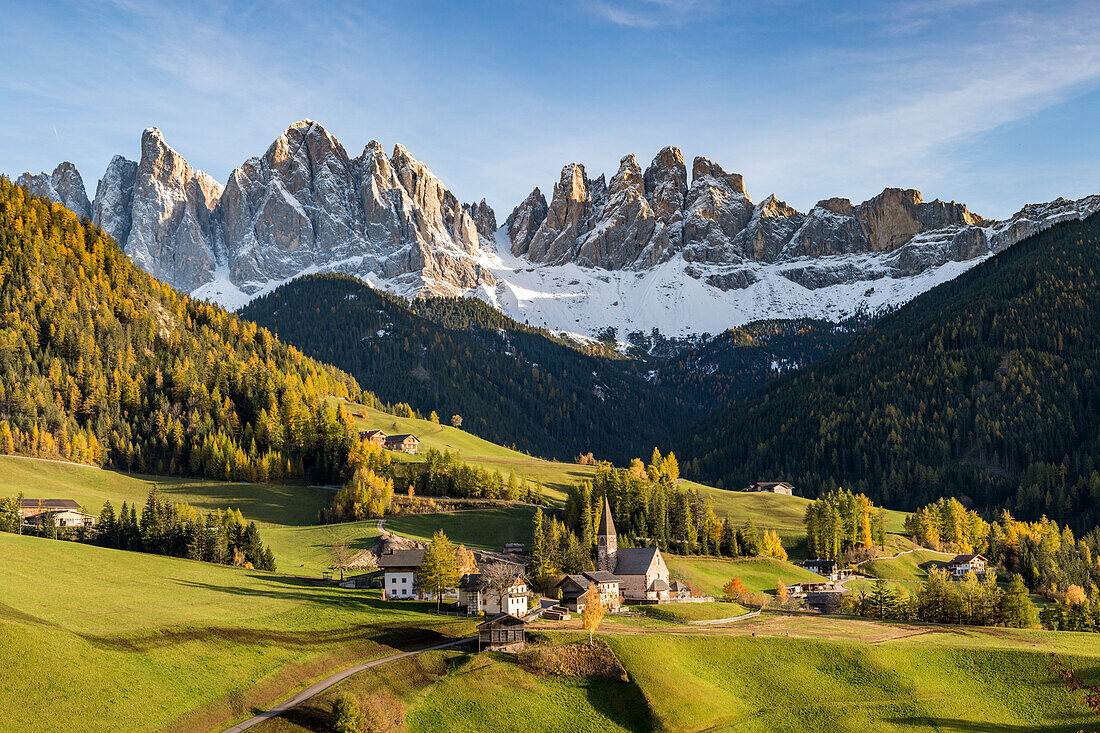 Autumnal landscape with Odle Dolomites peaks on the background, Santa Maddalena, Funes, Bolzano, Trentino Alto Adige , Sudtirol, Italy, Europe