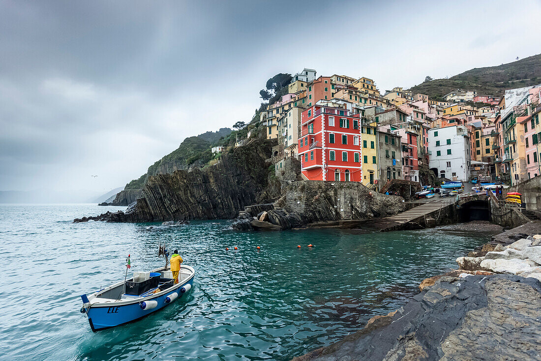 Fishing boat in Riomaggiore, Cinque Terre, Riviera di Levante, Liguria, Italy