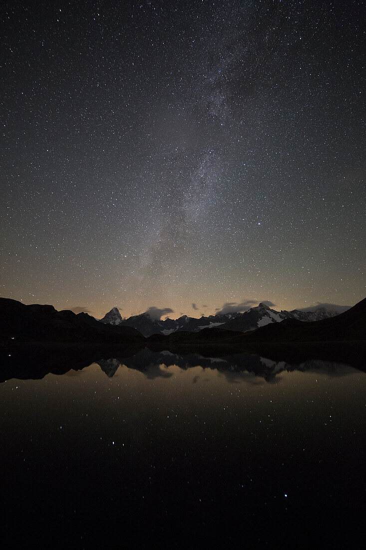 Sky over Fenetre Lake and the Mont Blanc massif, Ferret valley, Switzerland