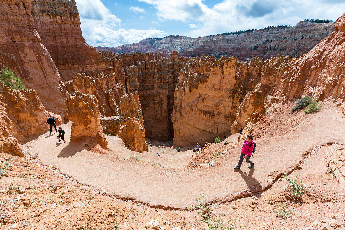 Hikers on Wall Street section of Navajo Loop Trail, Bryce Canyon National Park, Garfield County, Utah, USA