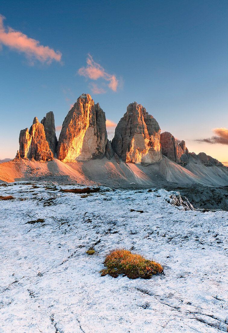 Italy, South Tyrol, Bolzano district , Drei Zinnen at sunset