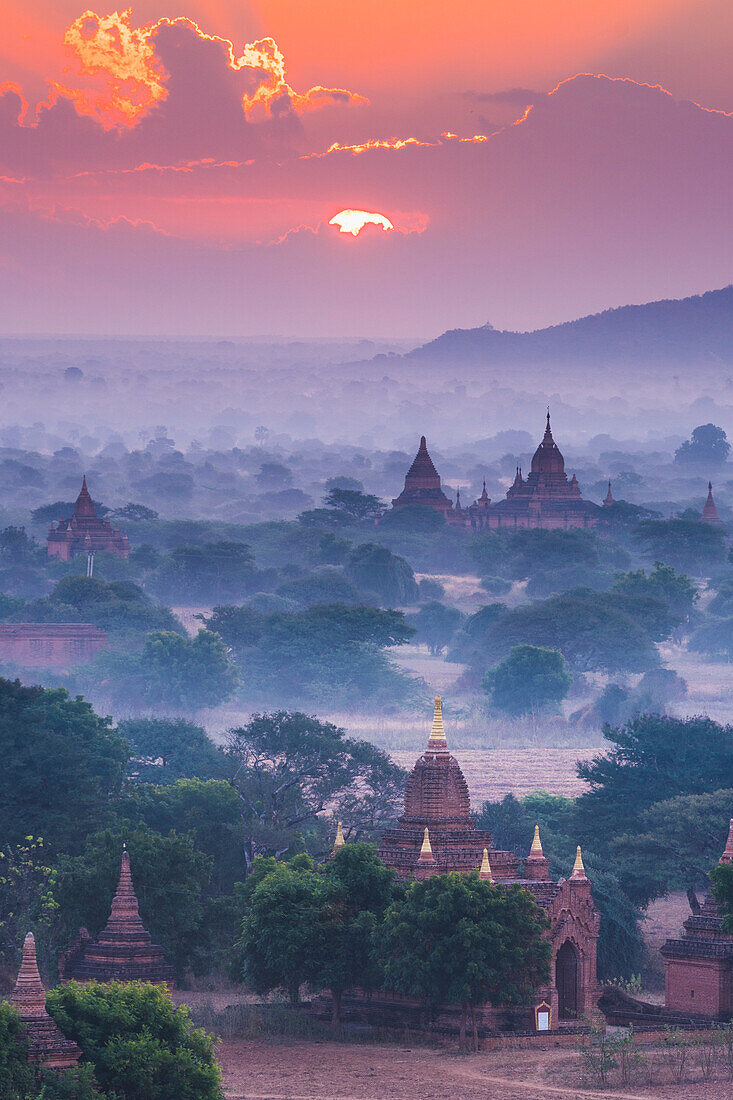 Bagan, Mandalay region, Myanmar Burma, Pagodas and temples at sunrise