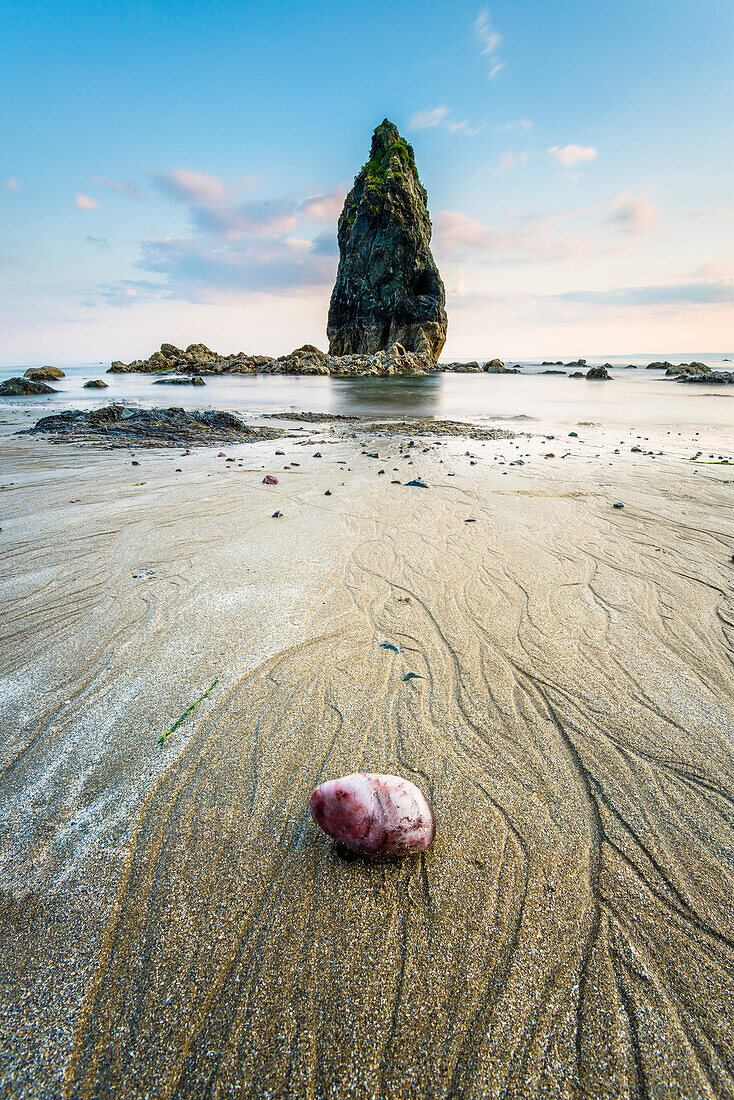 Ballydowane Cove, County Waterford, Munster province, Ireland, Europe, The sea stack in the ocean with the high tide