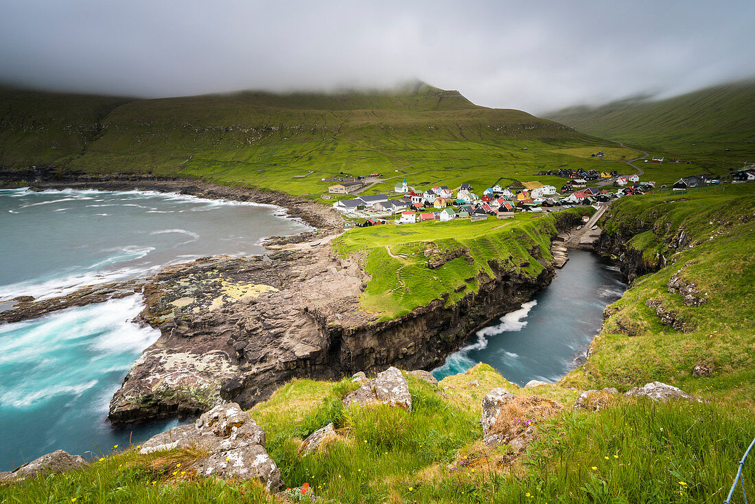 Gjogv, Eysturoy island, Faroe Islands, Denmark, Village and its natural harbor