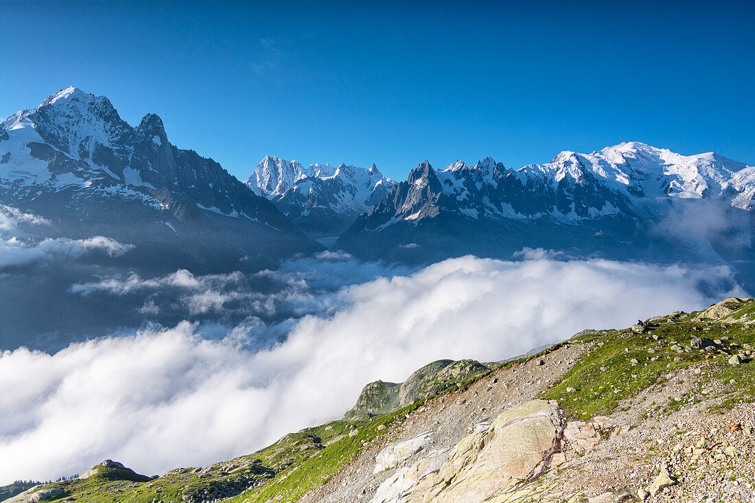 Chamonix , France The Alps seen from Lac Blanc