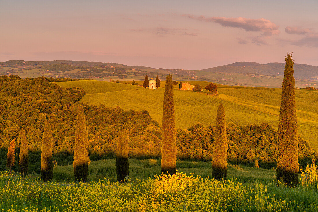 Europe, Italy, Chapel of Vitaleta at sunset, province of Siena, Tuscany