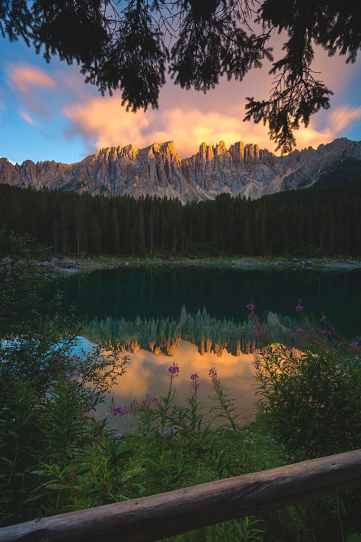 Carezza lake at sunset, Bolzano province, Trentino Alto Adige, Italy