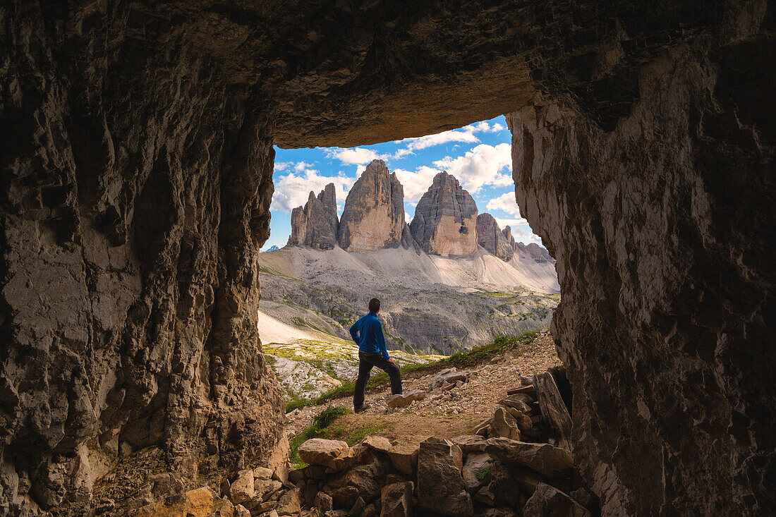 Three peaks of Lavaredo views from a cave, Bolzano Province, Trentino Alto Adige, Italy