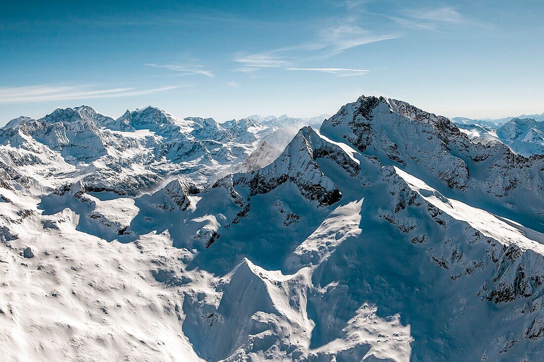 Aerial view of Monte Disgrazia with Monte Pioda from the side of Val di Mello, Valmasino, Valtellina Lombardy, Italy Europe