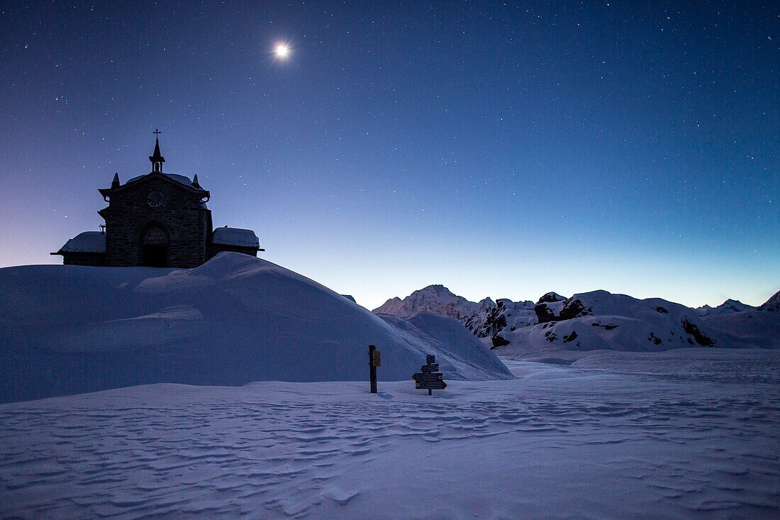 The church at the Alpe Prabello, Prabello Alp in a full moon night, Valmalenco, Valtellina, Italy