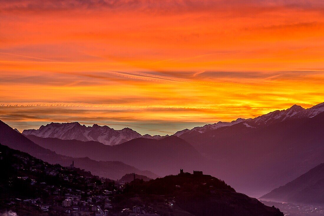 Dawn on Grumello Castle and Adamello Sondrio, Valtellina, Lombardy, Italy Europe