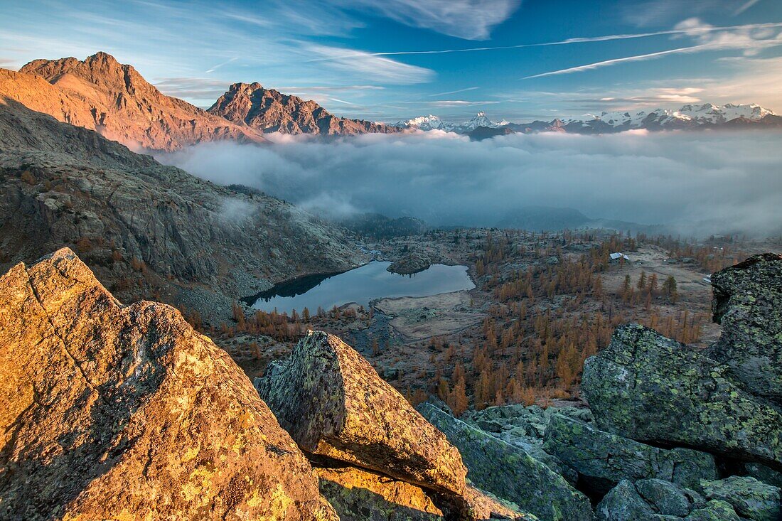 Dawn at Parc of Mont Avic with view of Matterhorn and Monte Rosa in autumn, Aosta Valley, Italy Europe