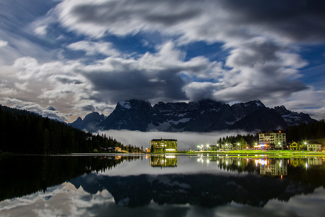 Full moon night at Lake Misurina, Cortina d'Ampezzo, Dolomites, Veneto, Italy, Europe