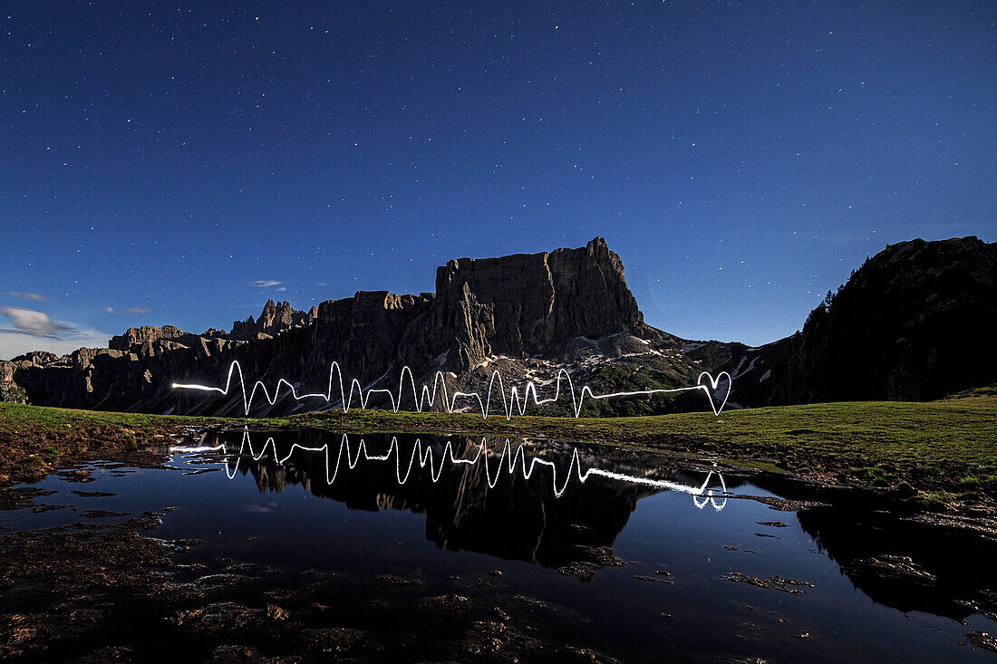 Light painting in front of Lastroni of Formin at Giau Pass during a full moon night, Cortina d'Ampezzo, Dolomites, Veneto, Italy, Europe
