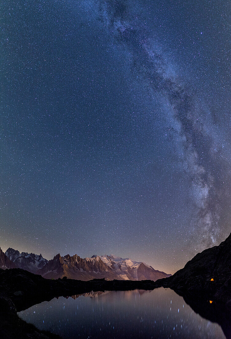 Star trail over Mont Blanc range seen from Lac de Chesery, Haute Savoie, Chamonix France