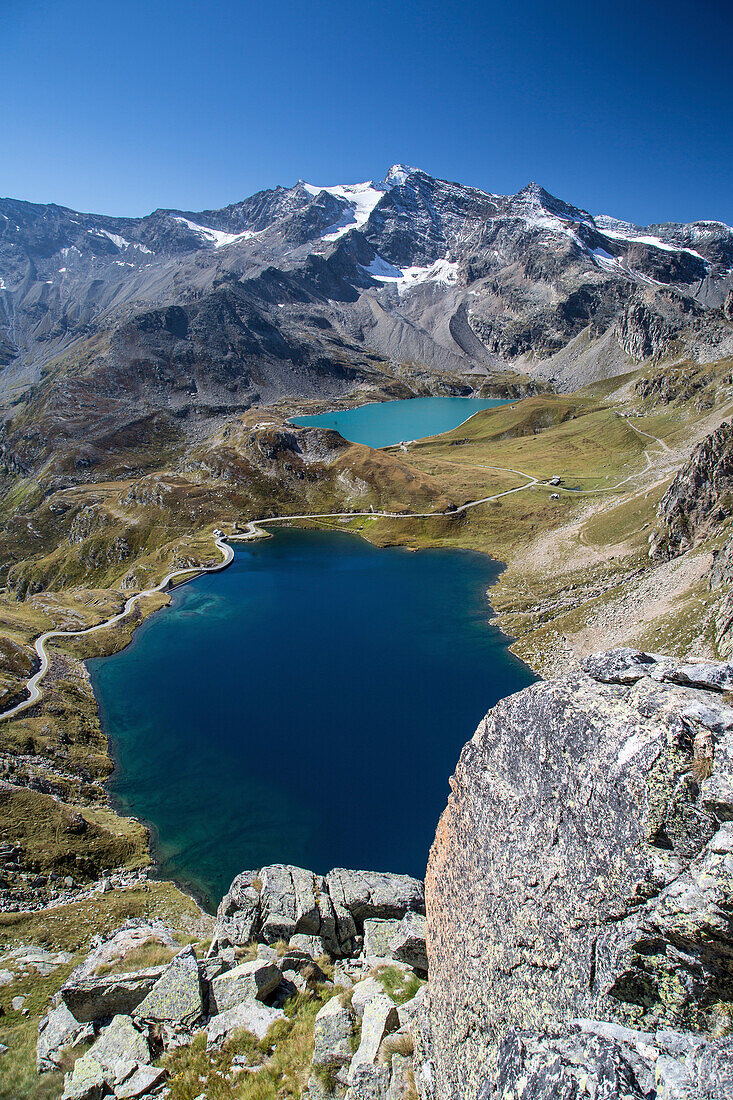 View of lake Agnel and lake Serru, Hill of Nivolet, Alpi Graie, Ceresole Reale, Piedmont