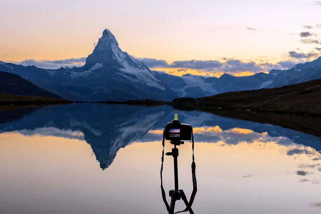Camera positioned towards the Matterhorn at sunset from Stellisee, Zermatt Valais Pennine Alps Switzerland Europe