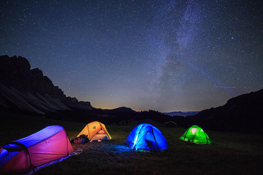 Camping under the stars, Malga Zannes Funes Valley South Tyrol Dolomites Italy Europe