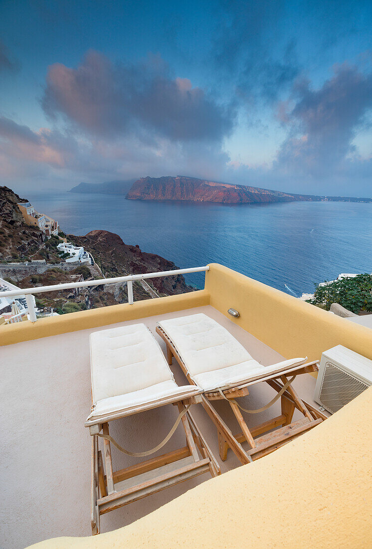 The blue Aegean Sea seen from a typical terrace in Oia Santorini Cyclades Greece Europe