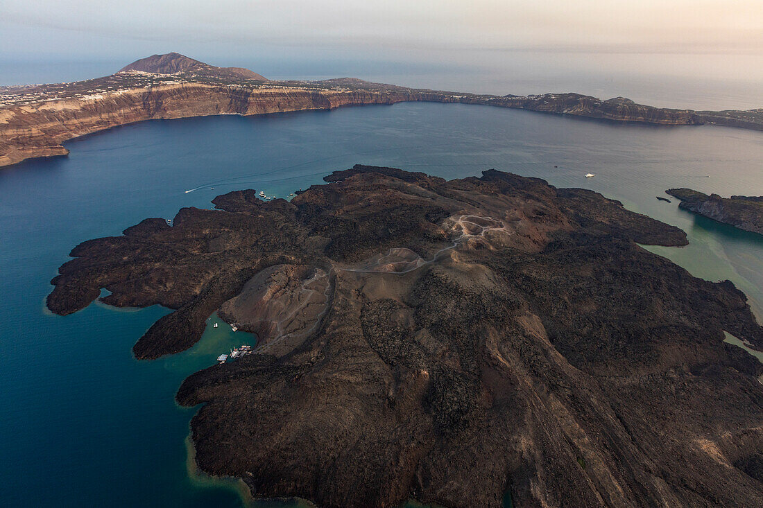 Aerial view of the volcanic island of Thirassia Cyclades South Aegean Greece Europe