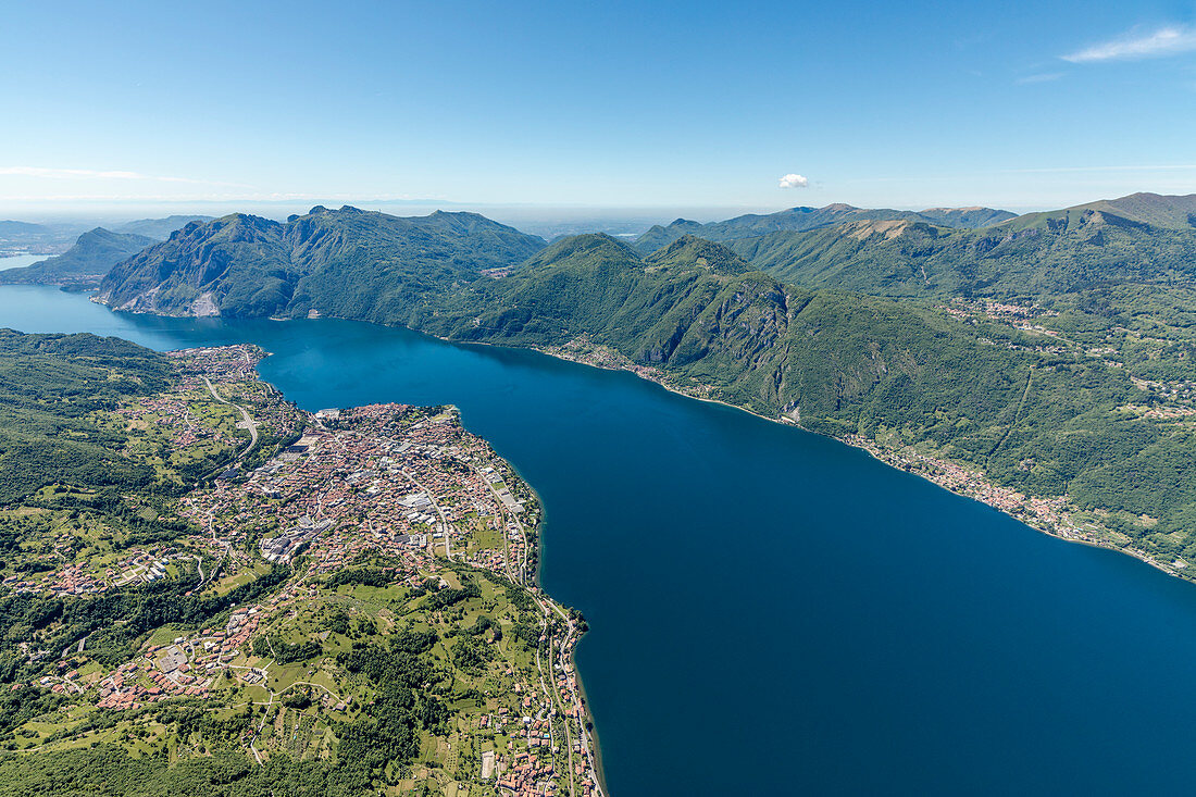 Aerial view of the villages Mandello del Lario and Abbadia Lariana overlooking Lake Como Lecco Province Lombardy Italy Europe