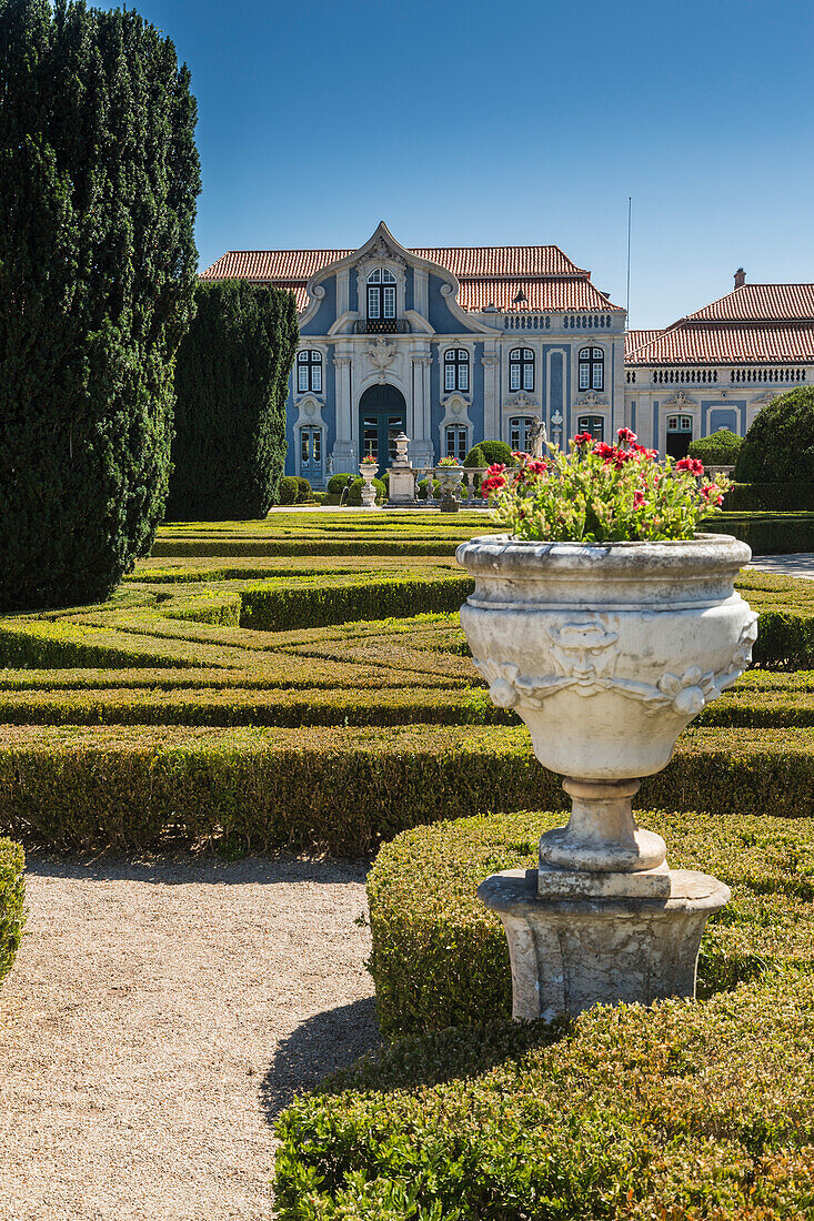 The gardens of the royal residence of Pal+ício de Queluz surrounded by sculptures and statues Lisbon Portugal Europe