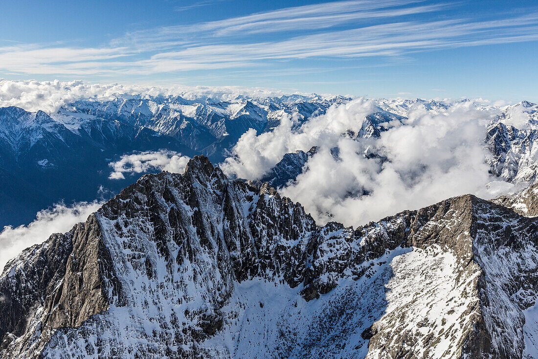 Aerial view of the snow covered Sasso Manduino Val Dei Ratti Chiavenna Valley Valtellina Lombardy Italy Europe