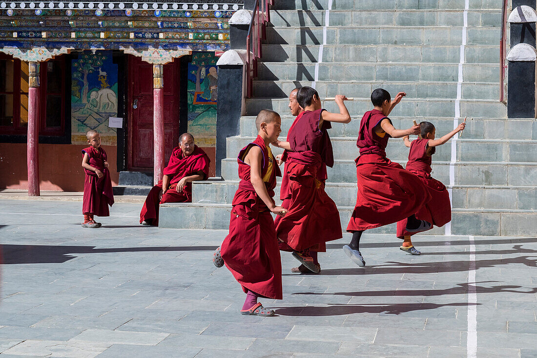 Thiksey Monastery, Indus Valley, Ladakh, India, Asia, Dance lessons before the festival