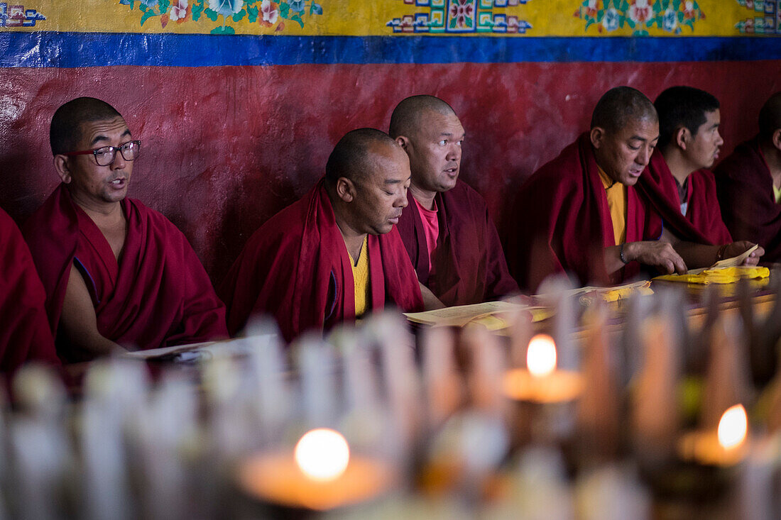 Diskit Monastery, Nubra Valley, Ladakh, North India, Asia, Monks in prayer