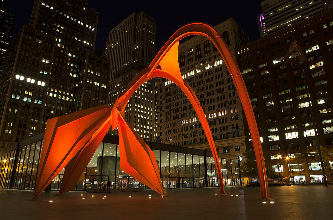 'Alexander Calder’s Flamingo sculpture at Federal Plaza, located in front of the Kluczynski Federal Building; Chicago, Illinois, United States of America'