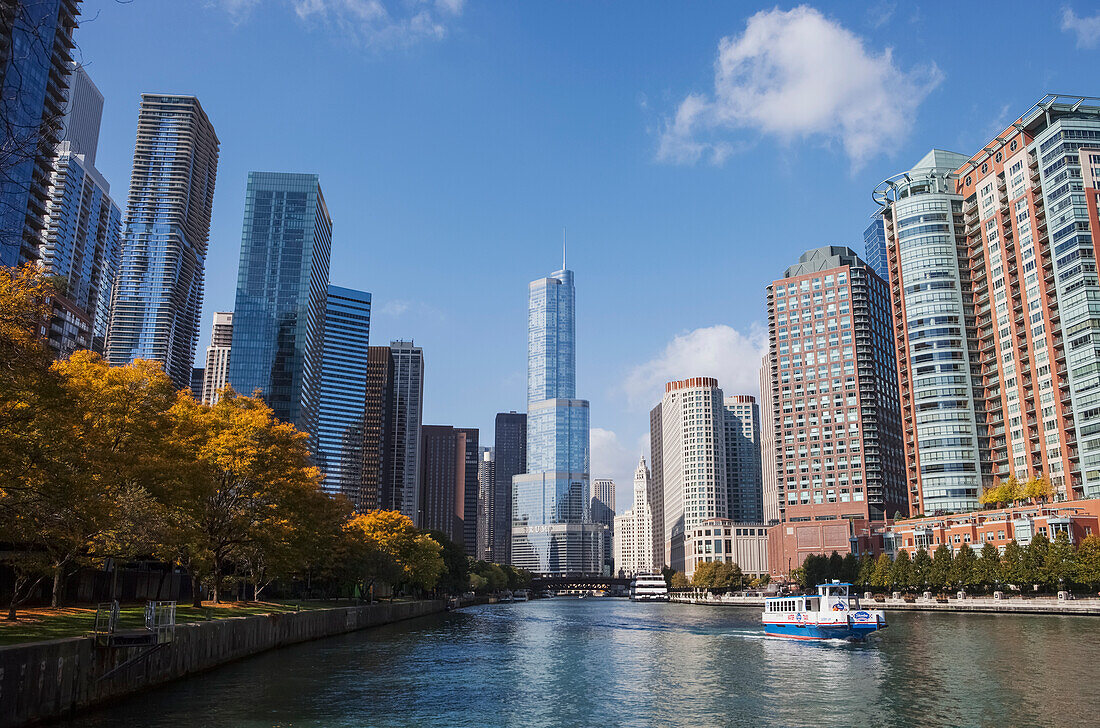 'View of downtown Chicago from Riverwalk at North Lake Shore Drive; Chicago, Illinois, United States of America'