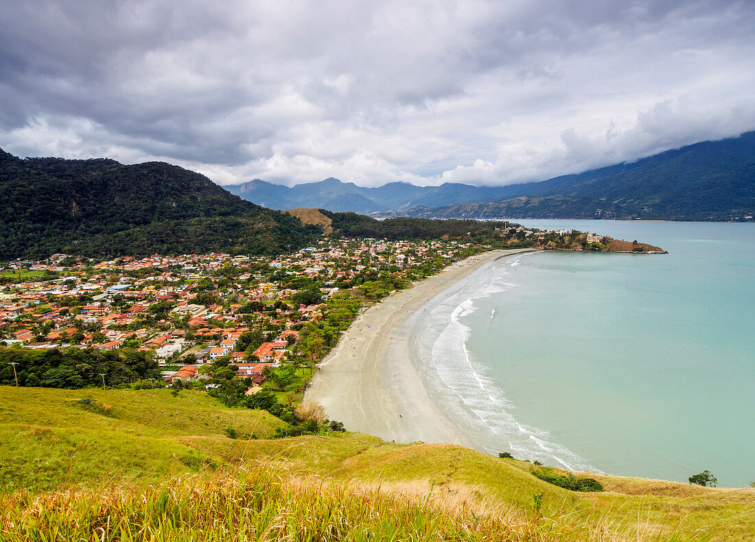 Elevated view of the Praia Barequecaba with Ilhabela Island in the background, State of Sao Paulo, Brazil, South America