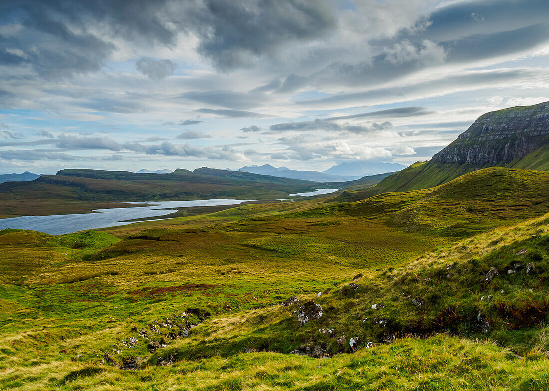 View from The Storr towards the Loch Leathan, Isle of Skye, Inner Hebrides, Scotland, United Kingdom, Europe