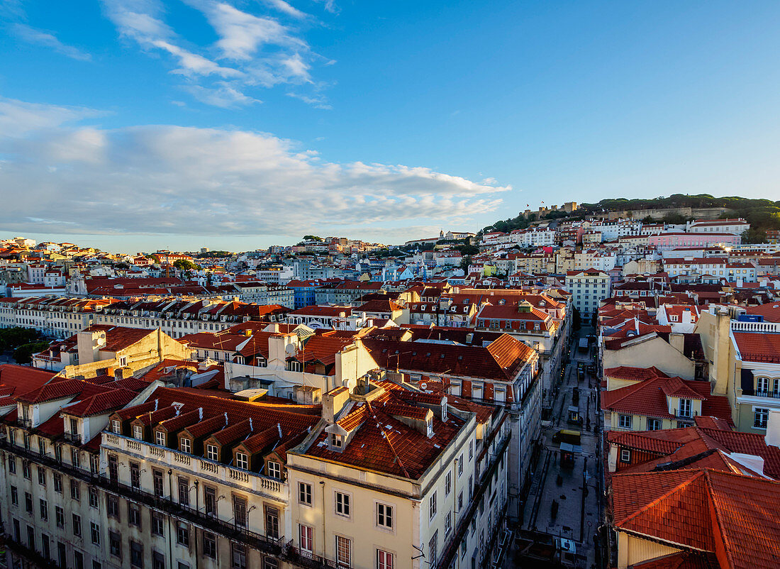 Miradouro de Santa Justa, view over downtown and Santa Justa Street towards the castle hill, Lisbon, Portugal, Europe