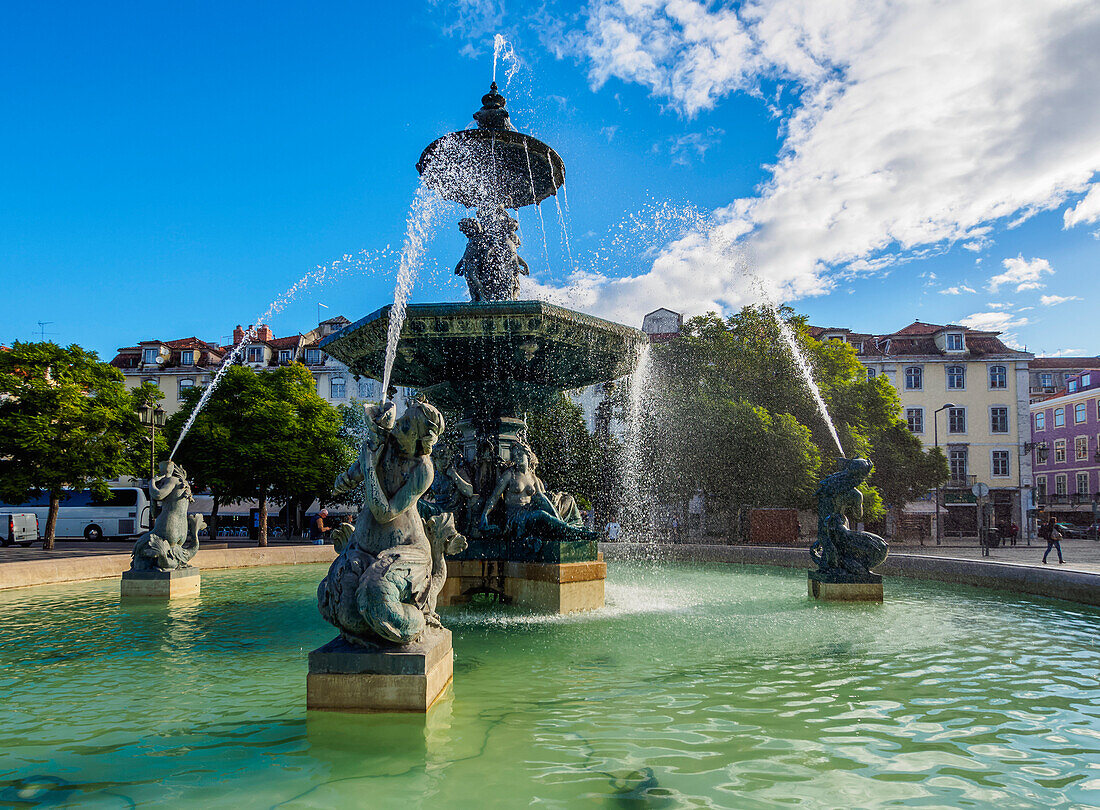 Fountain on the Pedro IV Square, Lisbon, Portugal, Europe