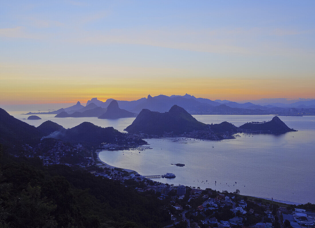 Sunset over Rio de Janeiro viewed from Parque da Cidade in Niteroi, Rio de Janeiro, Brazil, South America