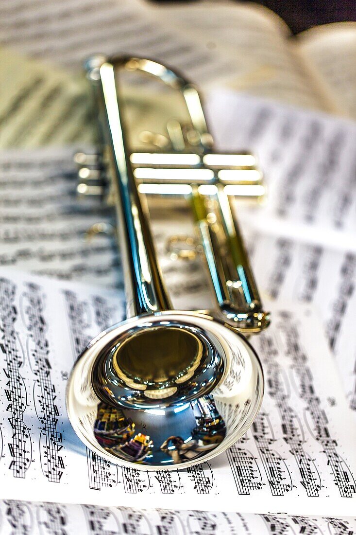Trumpet laying on sheets of music