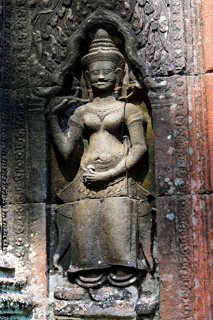 Female devata wall carving,Banteay Kdei temple in the Angkor area near Siem Reap,Cambodia,Indochina,Southeast Asia,Asia.