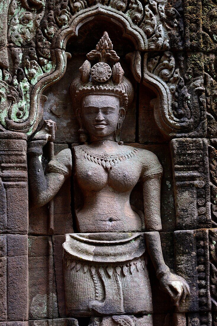 Rock carving of Apsara on a ruined temple at Wat Phou in Laos,Southeast Asia.