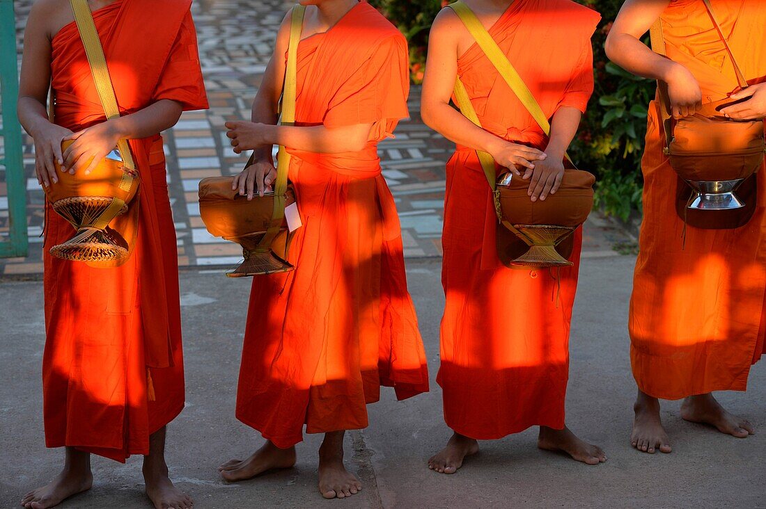 Buddhist monks walking along road to collect alms, Four Thousand island,South Laos,Southeast Asia.