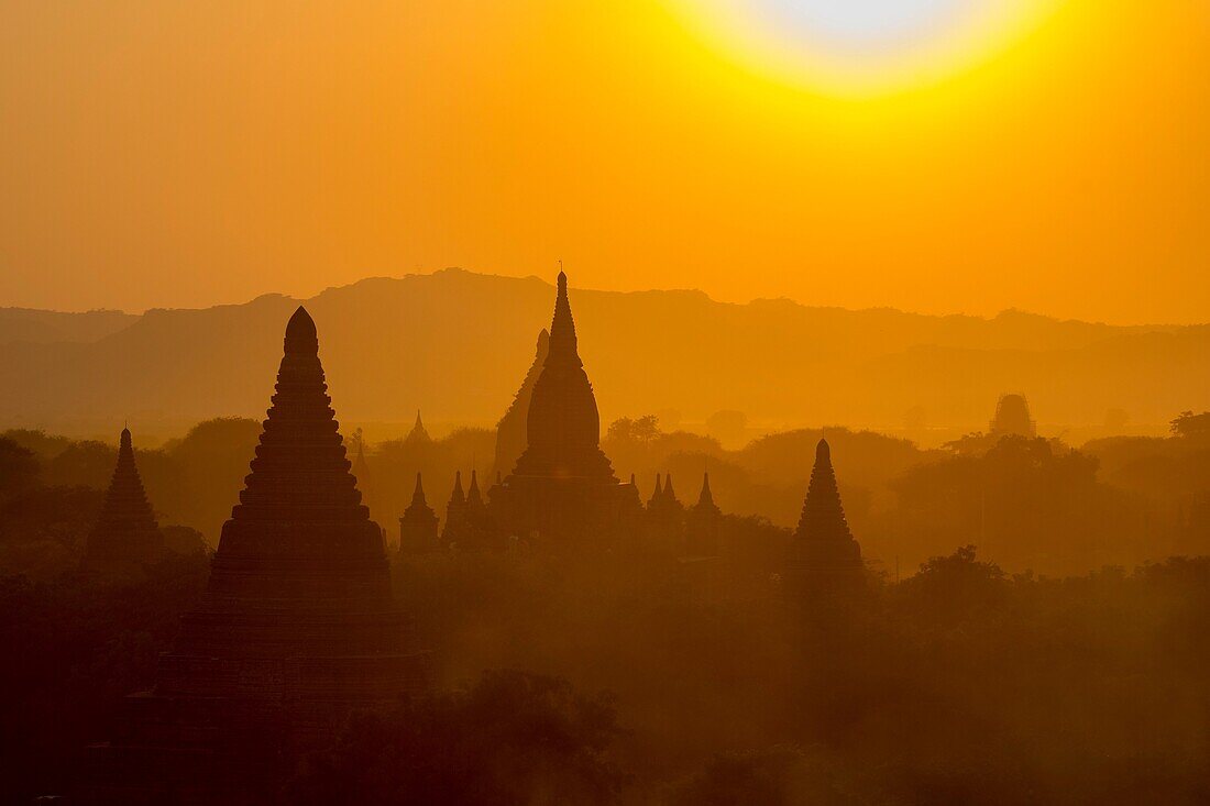 View of the sunset from the Shwesandaw Pagoda in Bagan in Myanmar.
