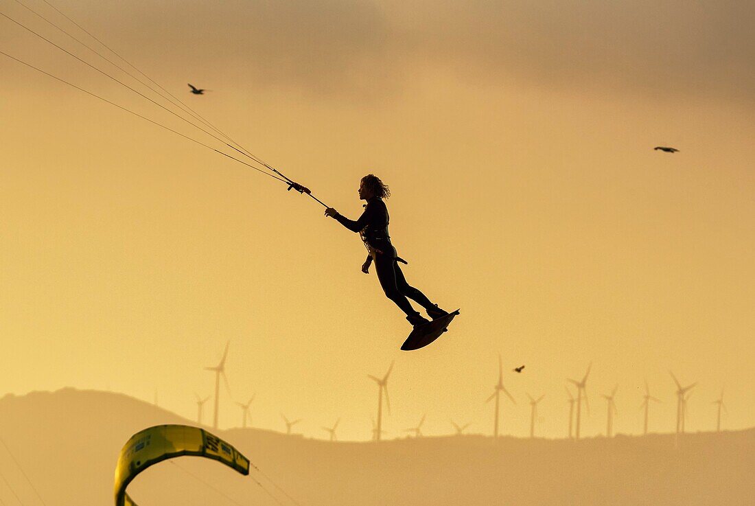 Kitesurfing action. Tarifa, Costa de la Luz, Cadiz, Andalusia, Spain.