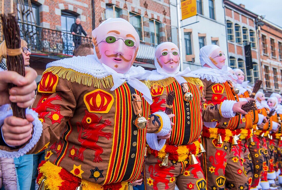 Participants in the Binche Carnival in Binche, Belgium. The Binche carnival is included in a list of intangible heritage by UNESCO.