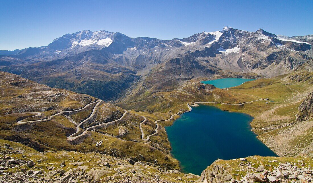 Europe, Italy, Piedmont, Levanne and Grand Aiguille Rousse, with Agnel and Serr? lakes, seen from Nivolet pass
