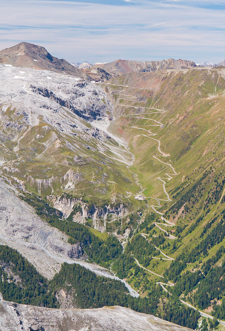 Europe, Italy, Bolzano, South Tyrol, The Stelvio mountain road south tyrol side as seen from Payer hut