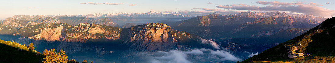 Europe, Italy, Trentino, Trento, Panoramic view at sunrise from mount Bondone