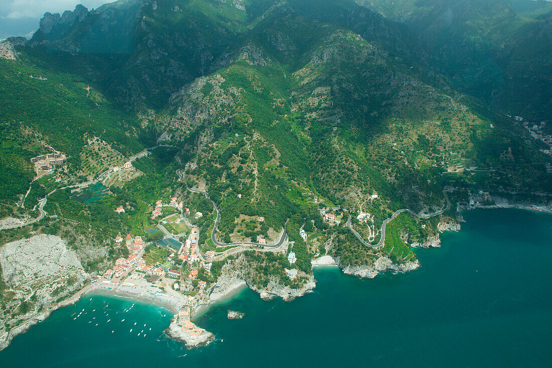 Europe, Italy, Campania, Salerno district, Amalfi, aerial view of the Amalfitan coast