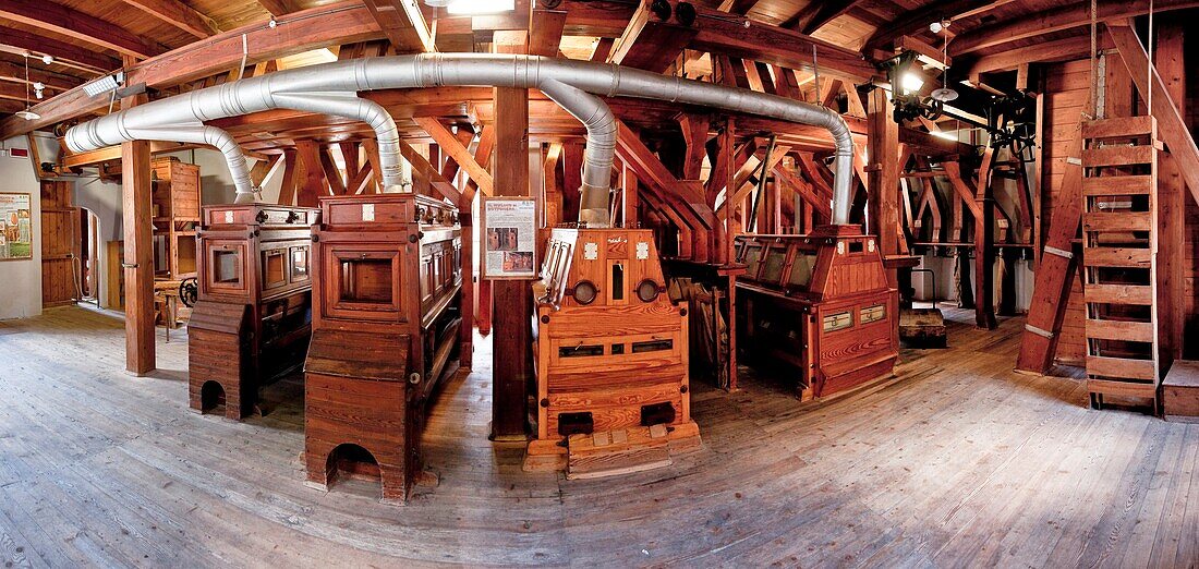 Machineries in the museum of the Bottonera Mill in Chiavenna, Valchiavenna, Valtellina, Lombardy Italy Europe