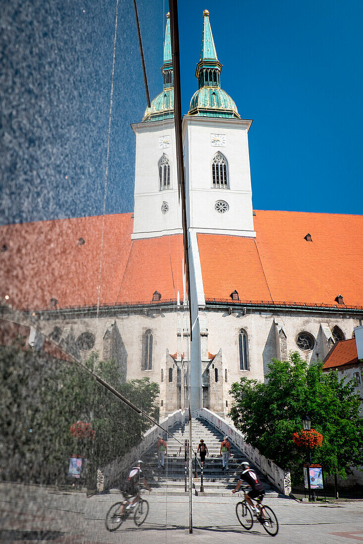 Bratislava, Slovakia, center Europe, The St, Martin, s Cathedral reflected in a granite wall