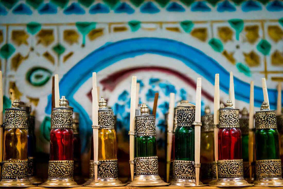 Fes, Morocco, North Africa, Small colored containers for kajal